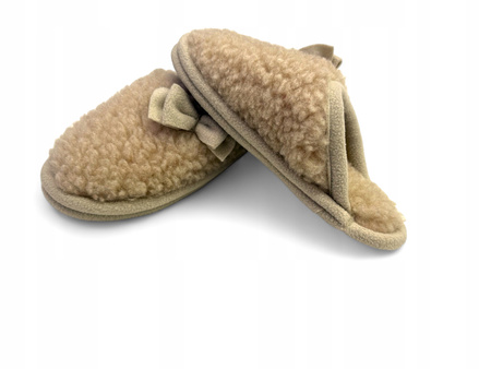 Laczki CIAPY wełniane MERYNOS ROZM 36 Kapcie BEŻOWE + KOKARDKI